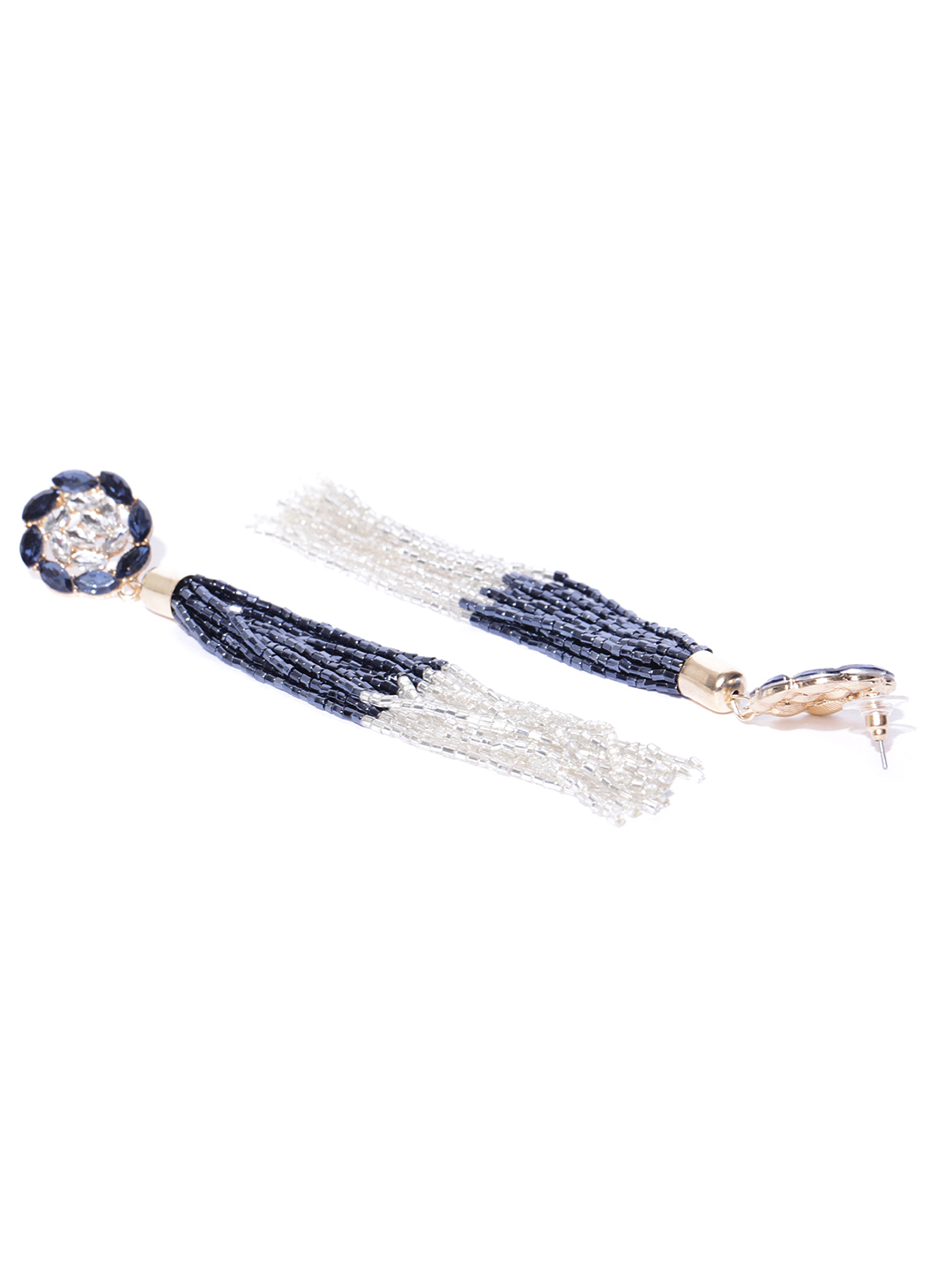 YouBella Navy  Silver-Toned Gold-Plated Beaded Floral Tasselled Drop Earrings